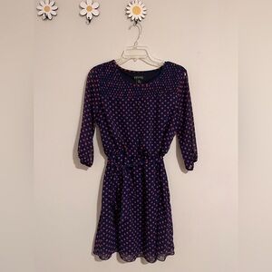 En Focus Petite Navy and Red Polka Dot Long Sleeve Knee Length Dress Size 6